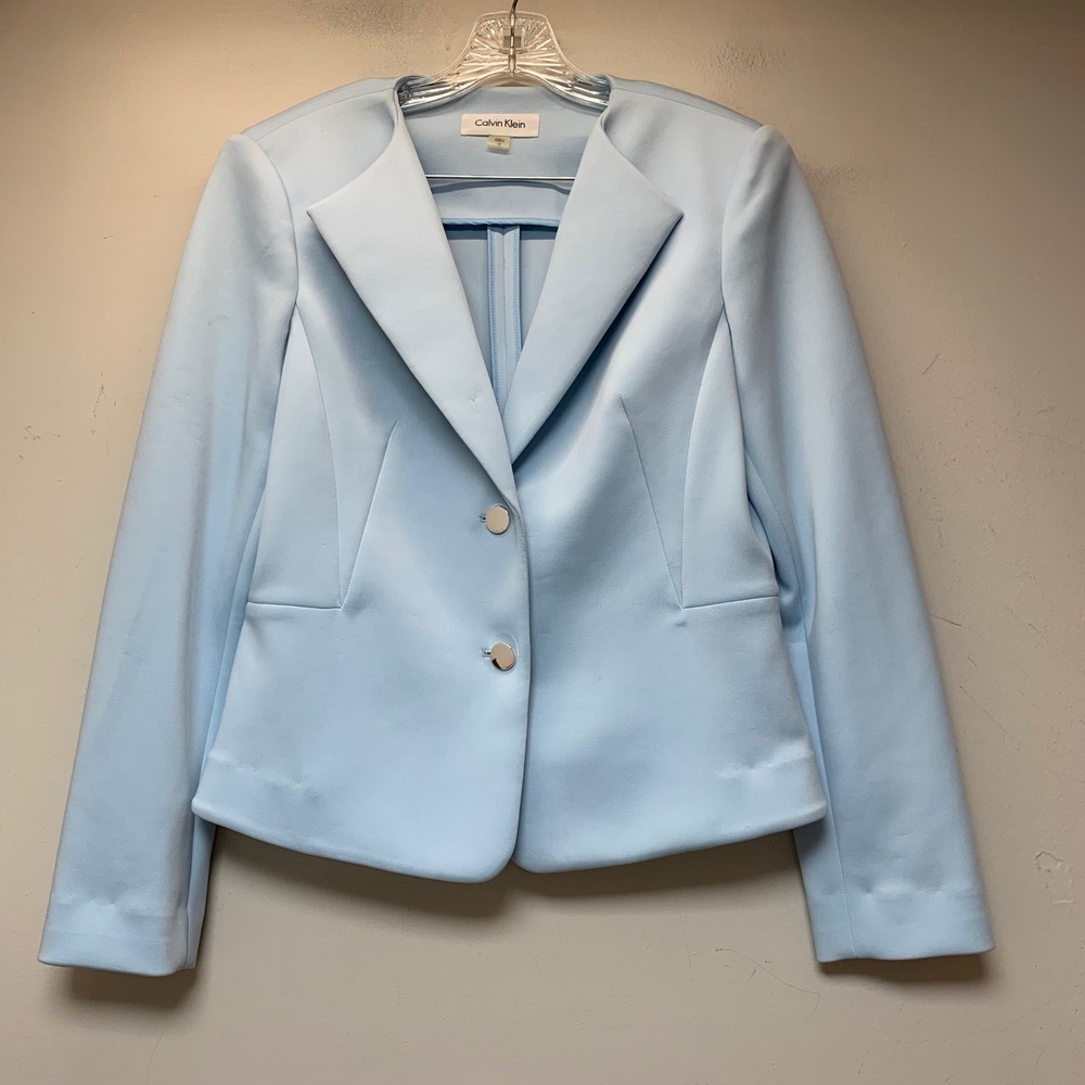 Calvin Klein Skirt Suit Set Womens 12 Light Blue Good Peplum Blazer Pencil Skirt - Picture 2 of 12